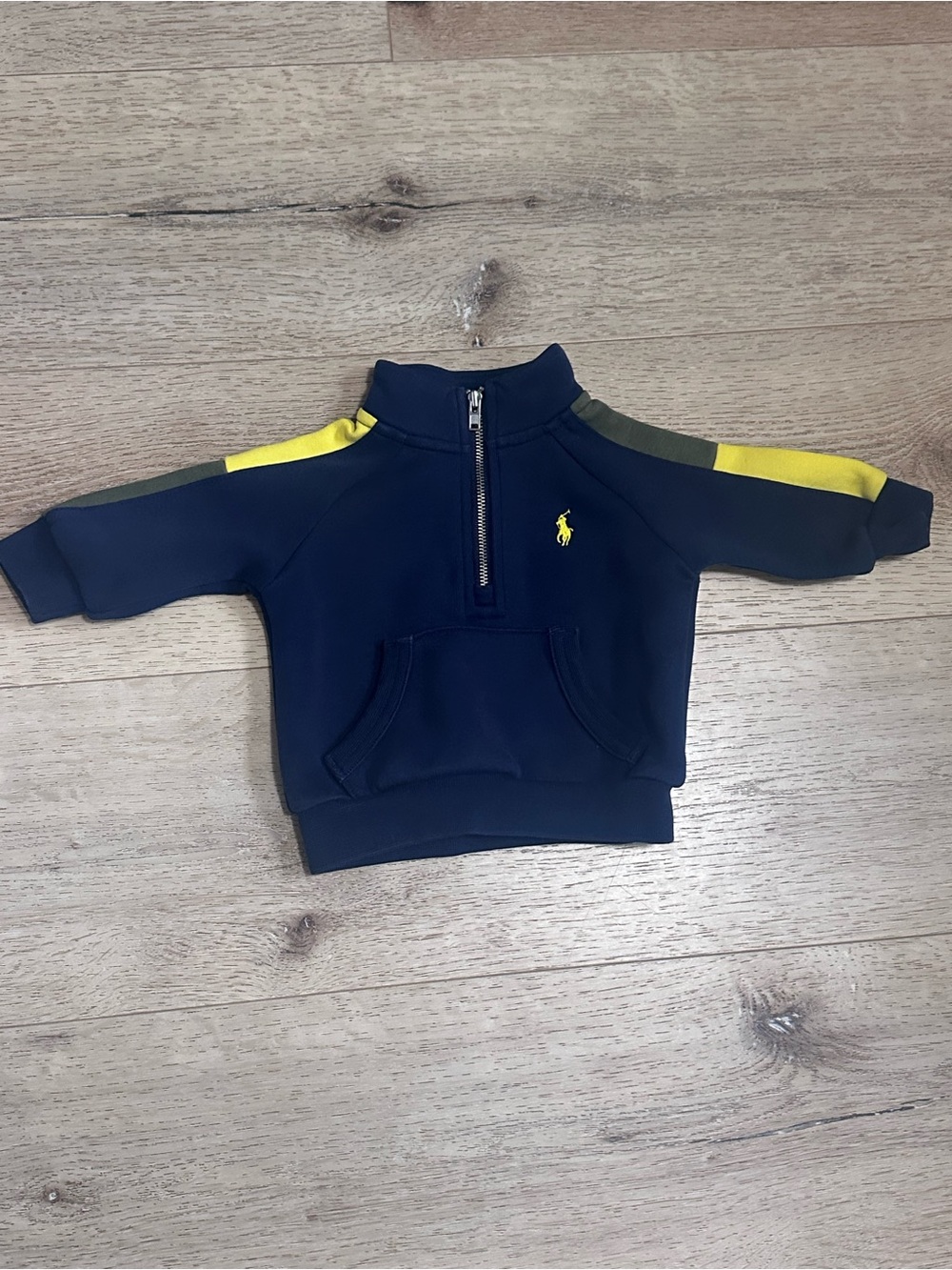 Polo by Ralph Lauren Navy Half-Zip Sweatshirt with Yellow & Olive Stripes - baby
